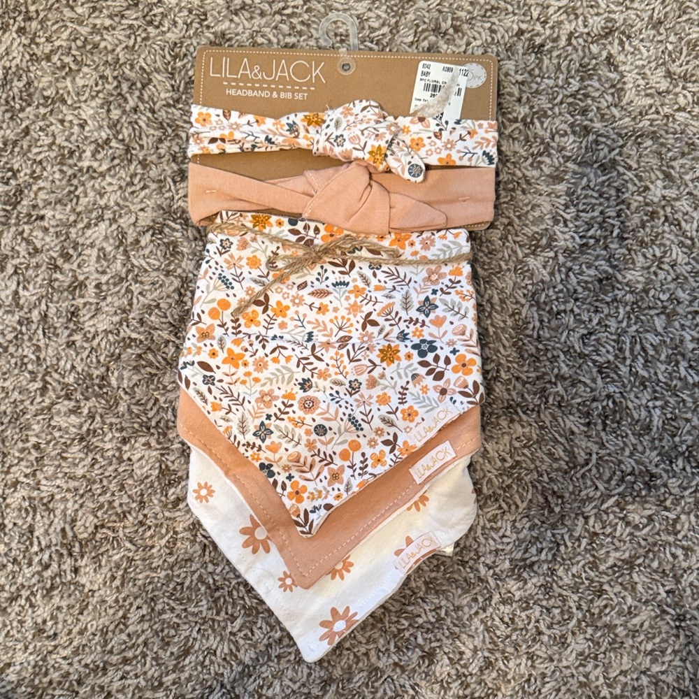 Floral Headband and Bib Set - Orange and Cream